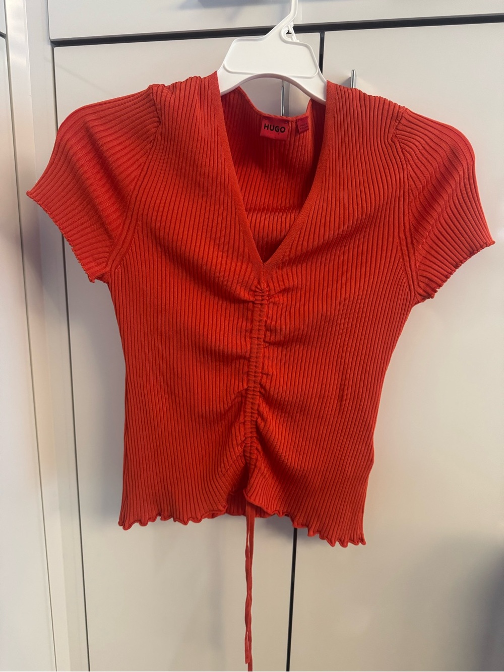 HUGO Red Ribbed V-Neck Drawstring Crop Top